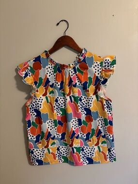 Bright Abstract Print Ruffle Sleeve Blouse - Multicolor